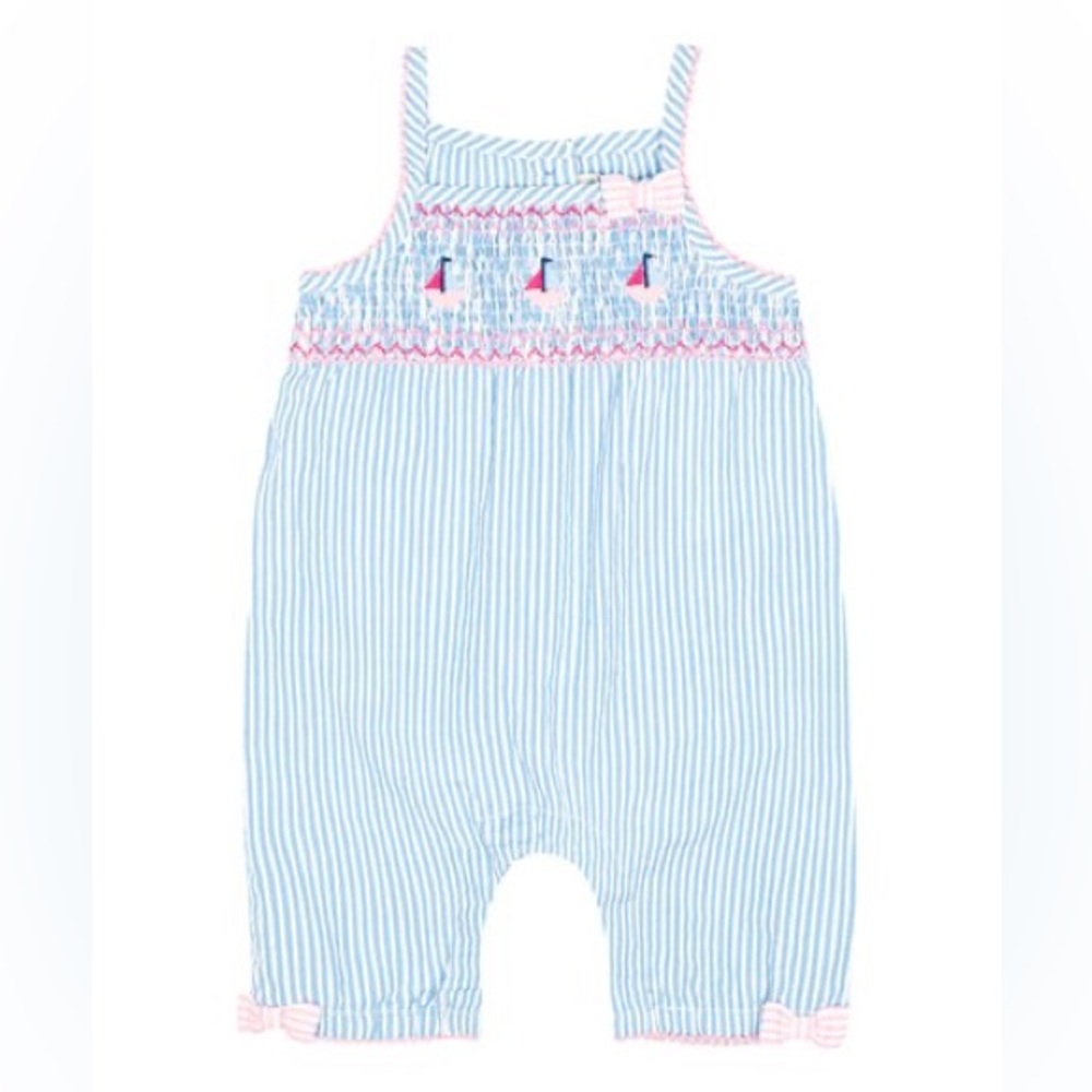 Jojo maman bebe White Stripe Sailboat Smocked Jumpsuit romper 18-24M